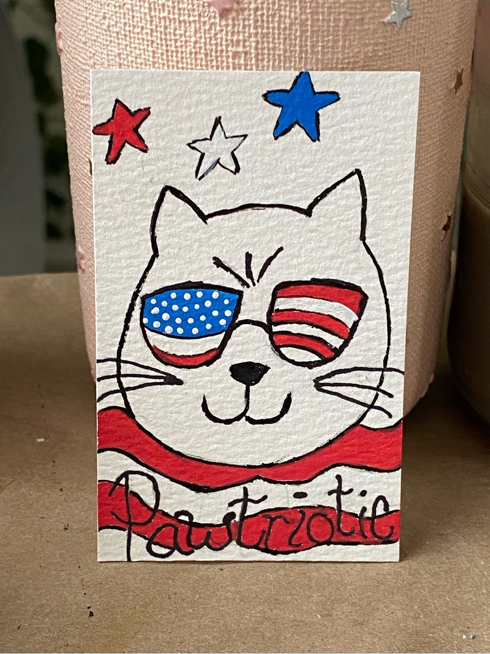 One Top Gun Cat: Patriotic Cat ACEO collect card acrylic pain on unframed paper